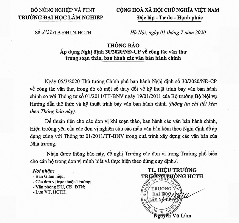 Thông báo áp dụng Nghị định 30/2020/NĐ-CP về công tác văn thư trong soạn thảo, ban hành các văn bản hành chính - KẾ HOẠCH - THÔNG BÁO - hcth.vnuf.edu.vn Thông Báo Áp Dụng Nghị Định 30/2020/Nđ-Cp Về Công Tác Văn Thư Trong Soạn Thảo, Ban Hành Các Văn Bản Hành Chính - Kế Hoạch - Thông Báo - Hcth.Vnuf.Edu.Vn